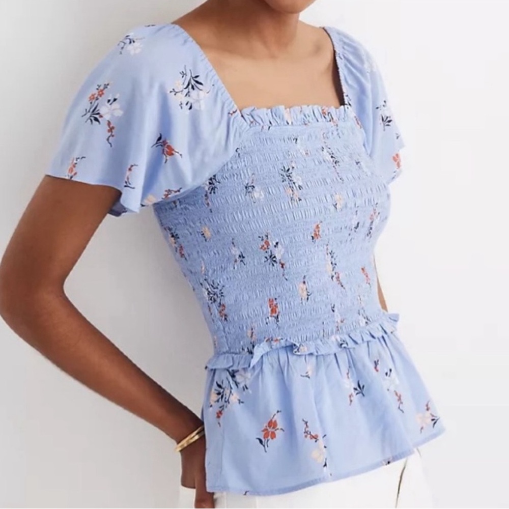 Perfect condition blue floral Madewell peplum smocked flutter sleeve top